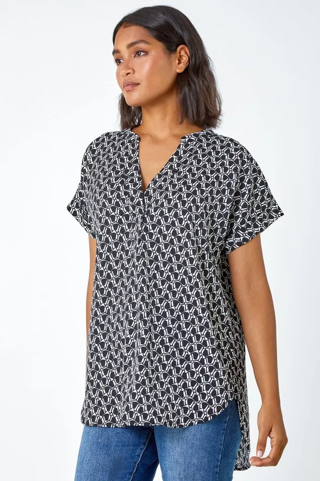Black Abstract Print Woven Pleat Front VNeck Top Women Roman Tops