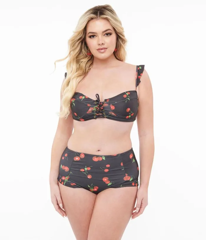 Black and Cherry Print Two Piece Swim Set Plus Unique Vintage Two Piece Swim