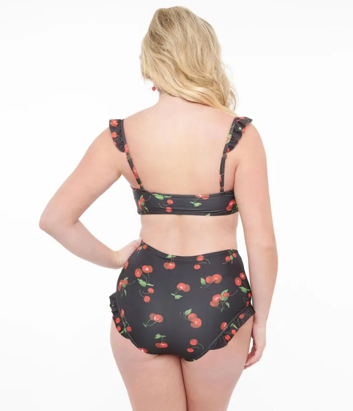 Black and Cherry Print Two Piece Swim Set Plus Unique Vintage Two Piece Swim