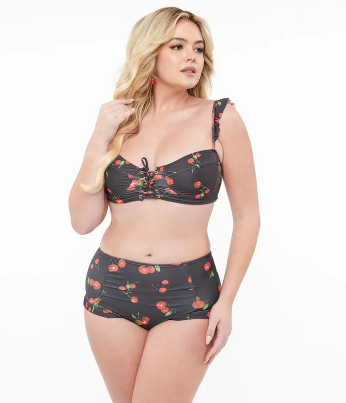 Black and Cherry Print Two Piece Swim Set Plus Unique Vintage Two Piece Swim