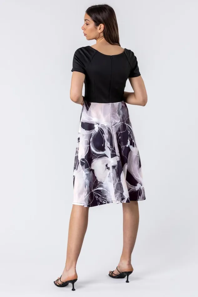 Black and Grey Contrast Floral Print Fit and Flare Dress Women Roman Dresses