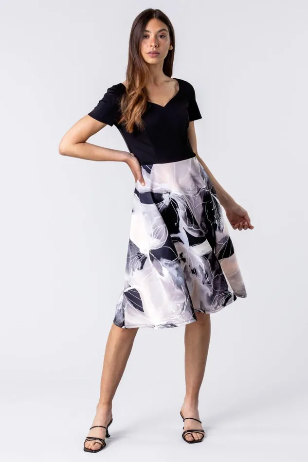 Black and Grey Contrast Floral Print Fit and Flare Dress Women Roman Dresses