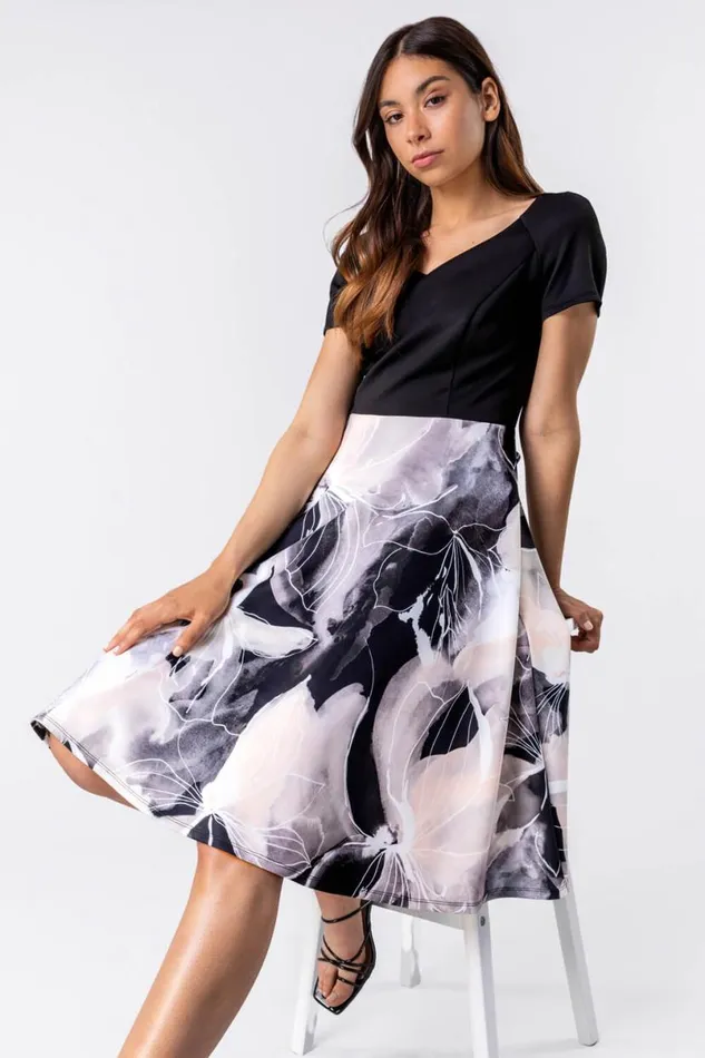 Black and Grey Contrast Floral Print Fit and Flare Dress Women Roman Dresses