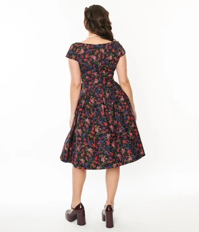 Black and Multicolor Floral Nova Swing Dress Dresses Unique Vintage Pocket Dresses
