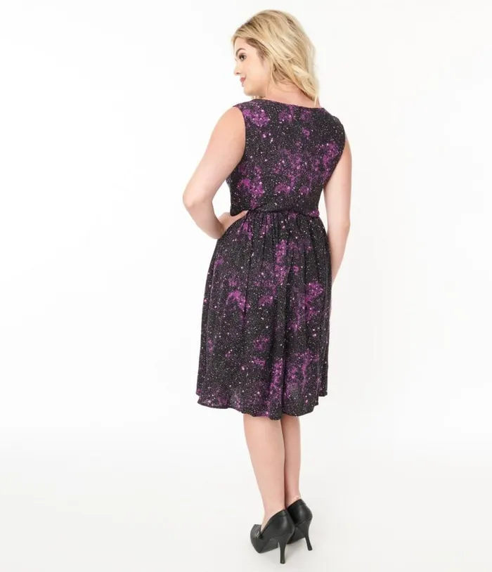 Black and Purple Celestial Swing Dress Dresses Unique Vintage Pocket Dresses