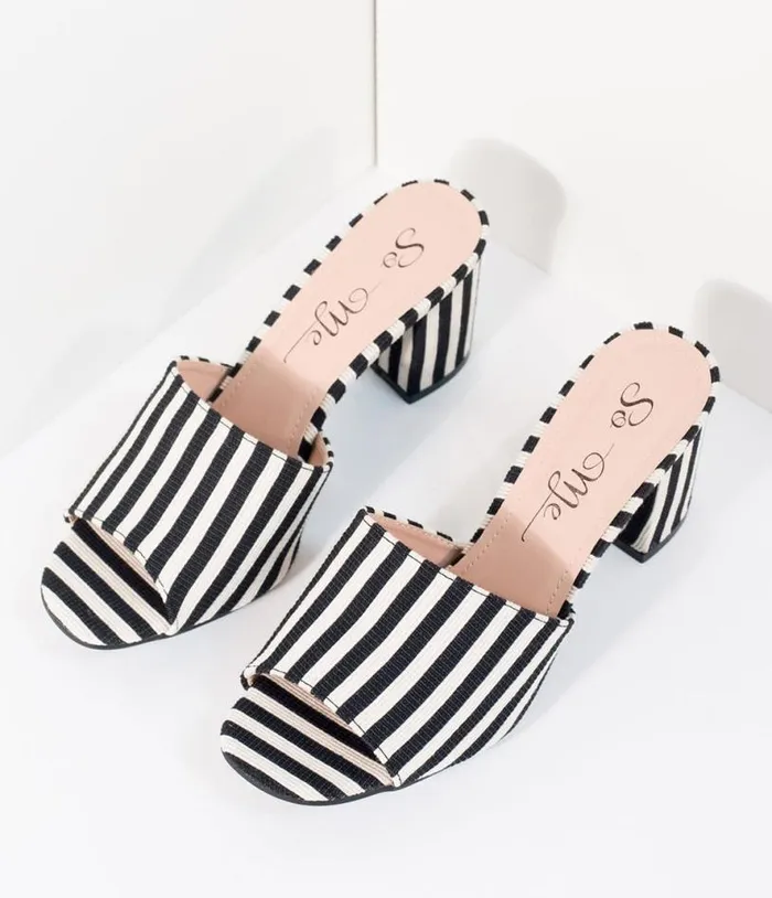 Black and White Stripe Woven Peep Toe Mule Heels HalloweenShoes Unique Vintage Heels Black and White Stripe Woven Peep Toe Mule Heels HalloweenShoes Unique Vintage Heels