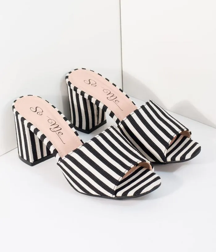 Black and White Stripe Woven Peep Toe Mule Heels HalloweenShoes Unique Vintage Heels