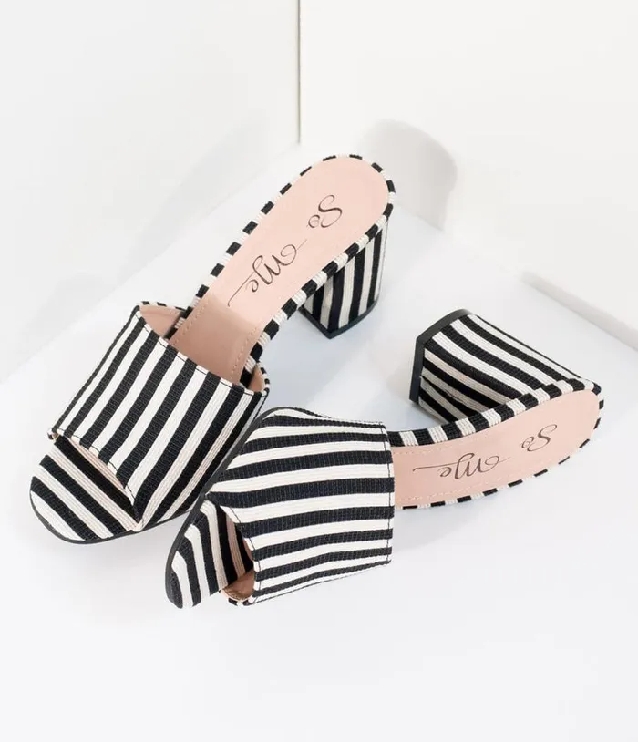 Black and White Stripe Woven Peep Toe Mule Heels HalloweenShoes Unique Vintage Heels