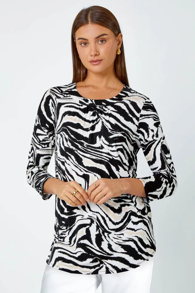 Black Animal Print Pleated Stretch Top Women Roman Tops