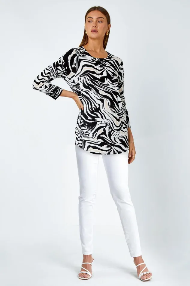 Black Animal Print Pleated Stretch Top Women Roman Tops