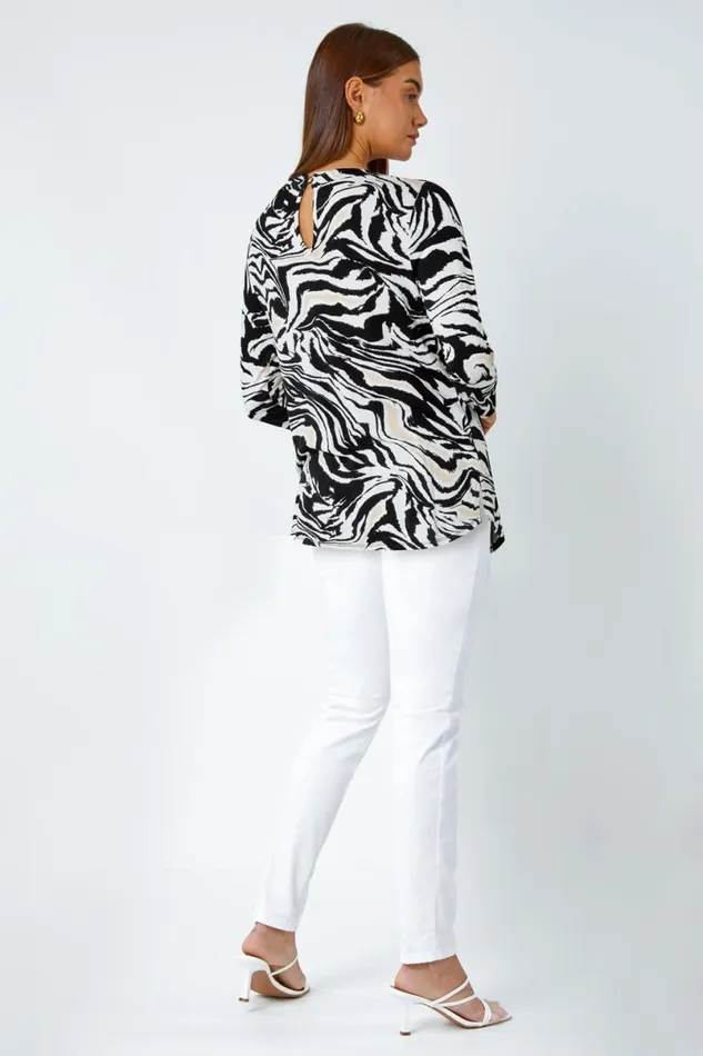 Black Animal Print Pleated Stretch Top Women Roman Tops