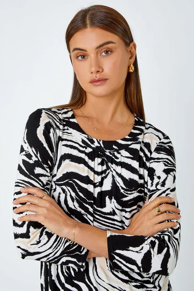Black Animal Print Pleated Stretch Top Women Roman Tops