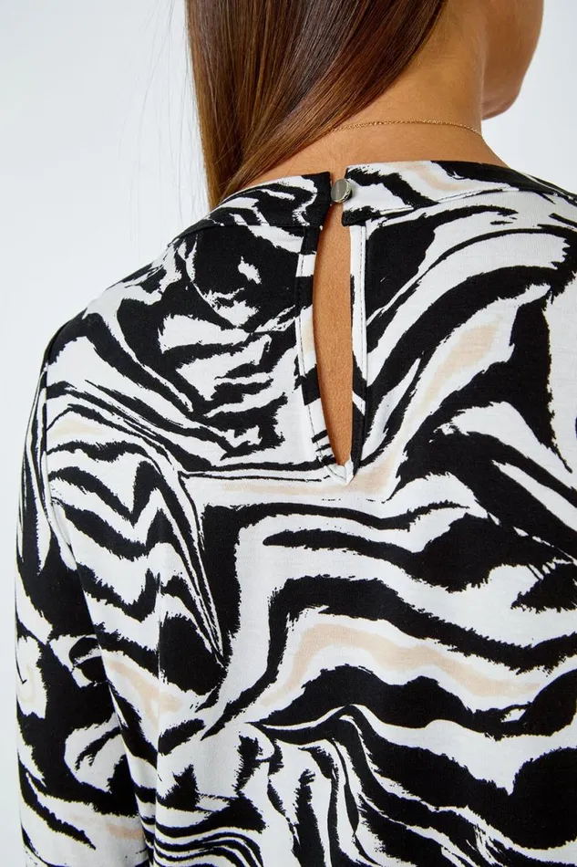 Black Animal Print Pleated Stretch Top Women Roman Tops