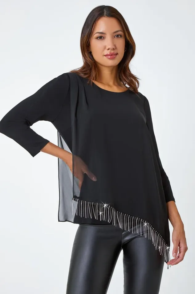 Black Asymmetric Hotfix Detail Overlay Tunic Top Women Roman Tops