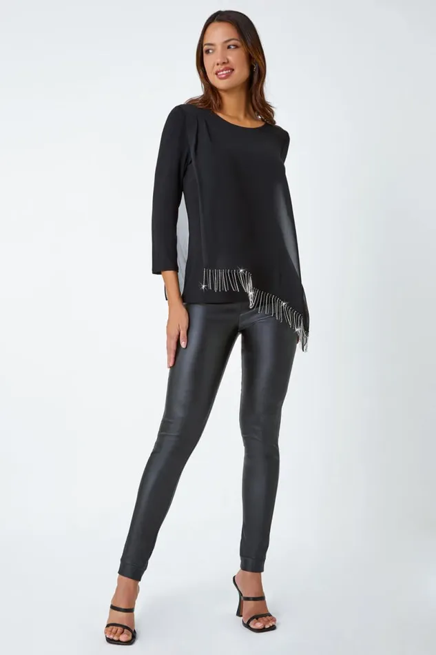 Black Asymmetric Hotfix Detail Overlay Tunic Top Women Roman Tops
