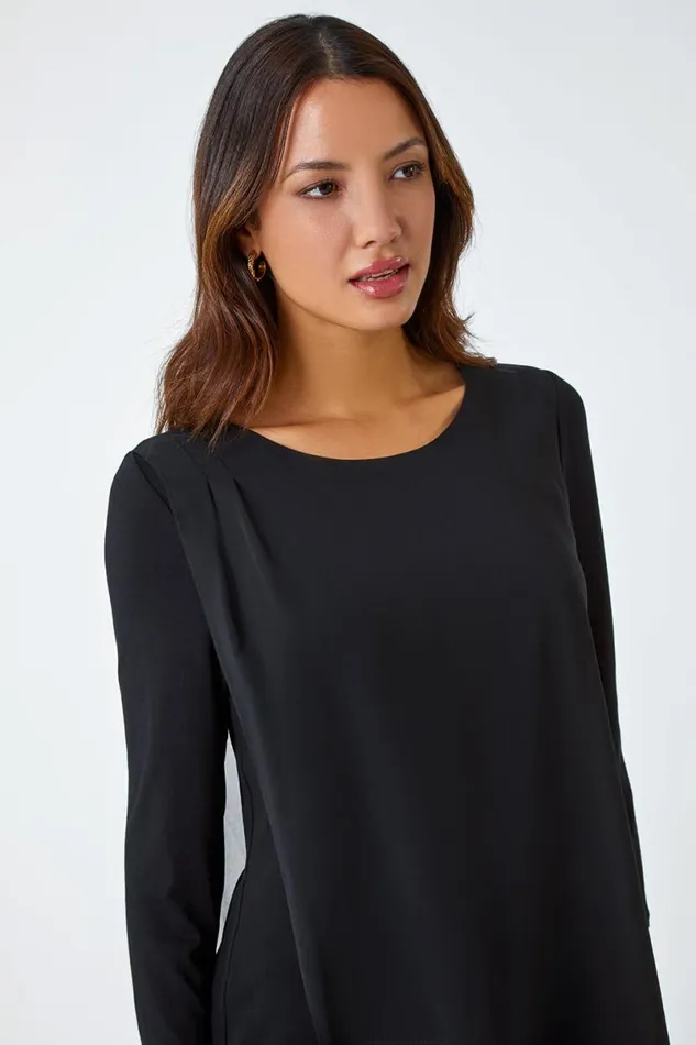 Black Asymmetric Hotfix Detail Overlay Tunic Top Women Roman Tops