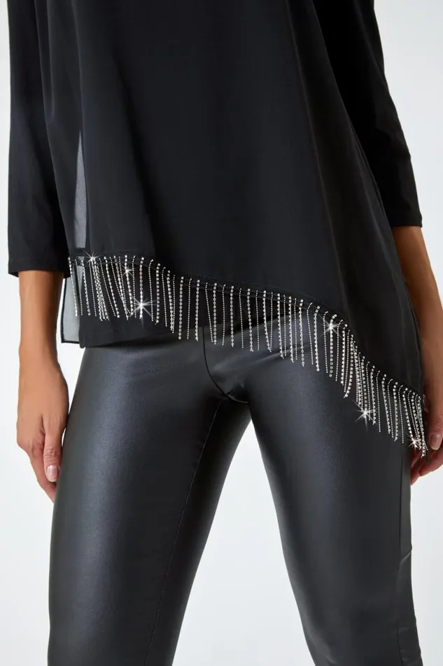 Black Asymmetric Hotfix Detail Overlay Tunic Top Women Roman Tops