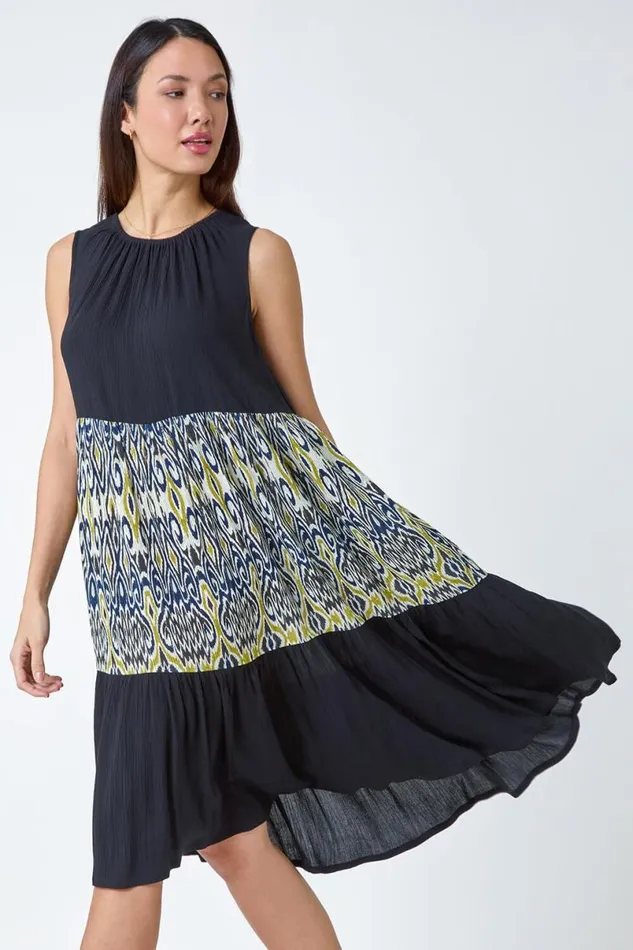 Black Aztec Panel Midi Smock Dress Women Roman Dresses