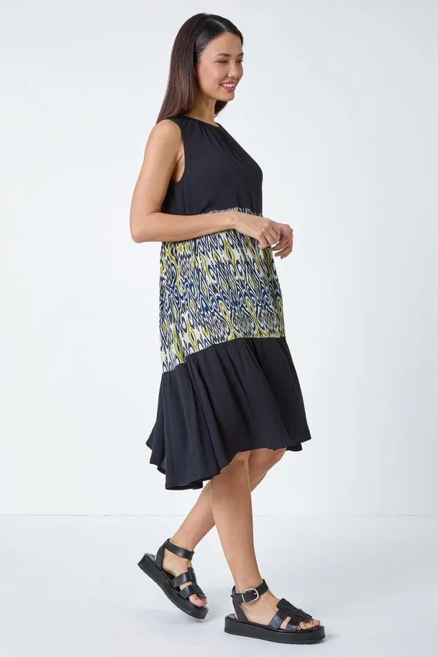 Black Aztec Panel Midi Smock Dress Women Roman Dresses