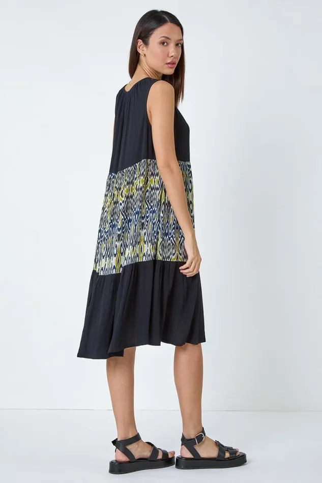 Black Aztec Panel Midi Smock Dress Women Roman Dresses