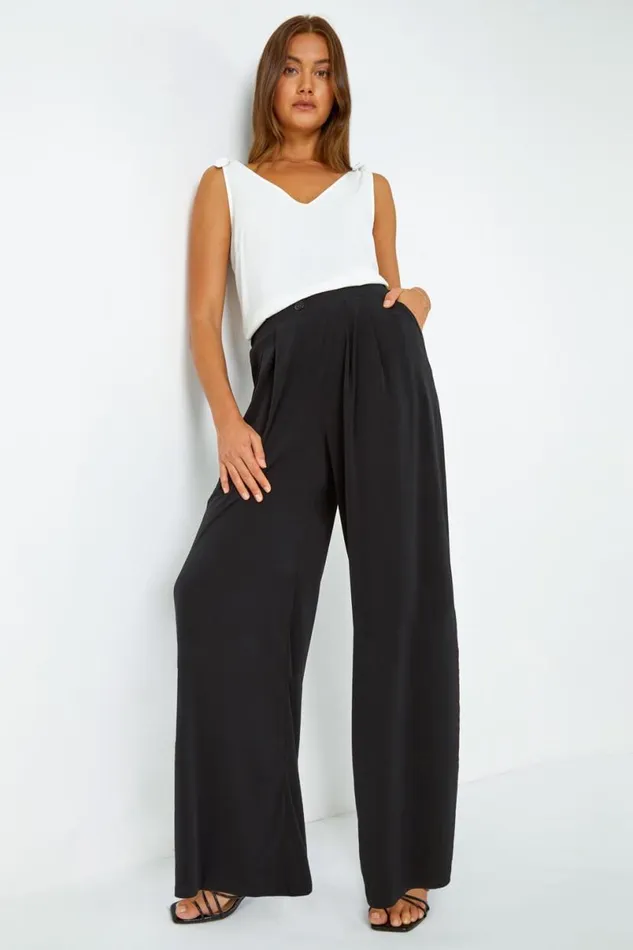 Black Button Detail Wide Leg Stretch Trousers Women Roman Trousers