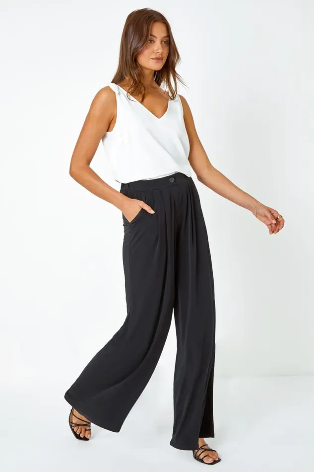 Black Button Detail Wide Leg Stretch Trousers Women Roman Trousers