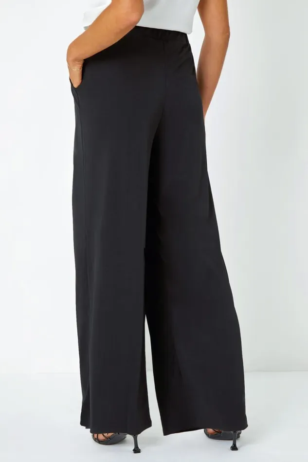 Black Button Detail Wide Leg Stretch Trousers Women Roman Trousers