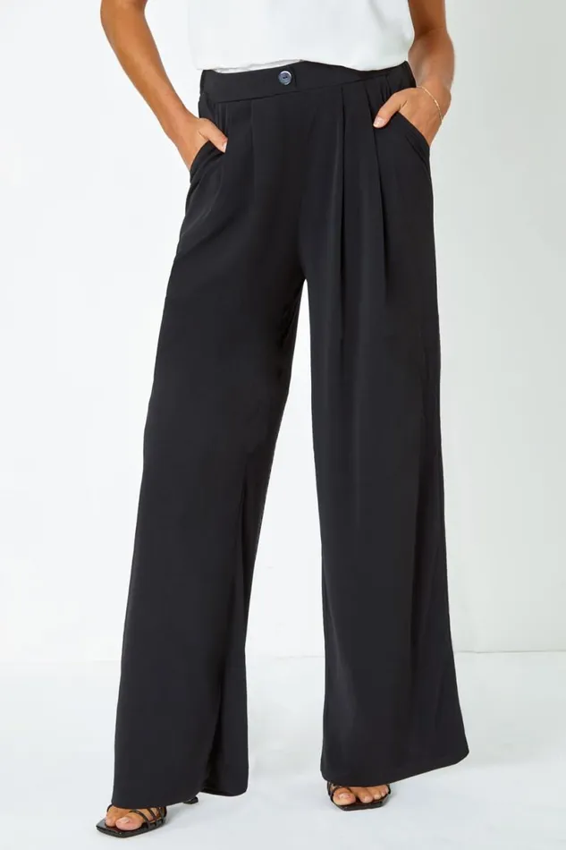 Black Button Detail Wide Leg Stretch Trousers Women Roman Trousers