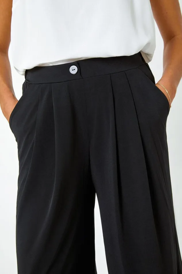 Black Button Detail Wide Leg Stretch Trousers Women Roman Trousers