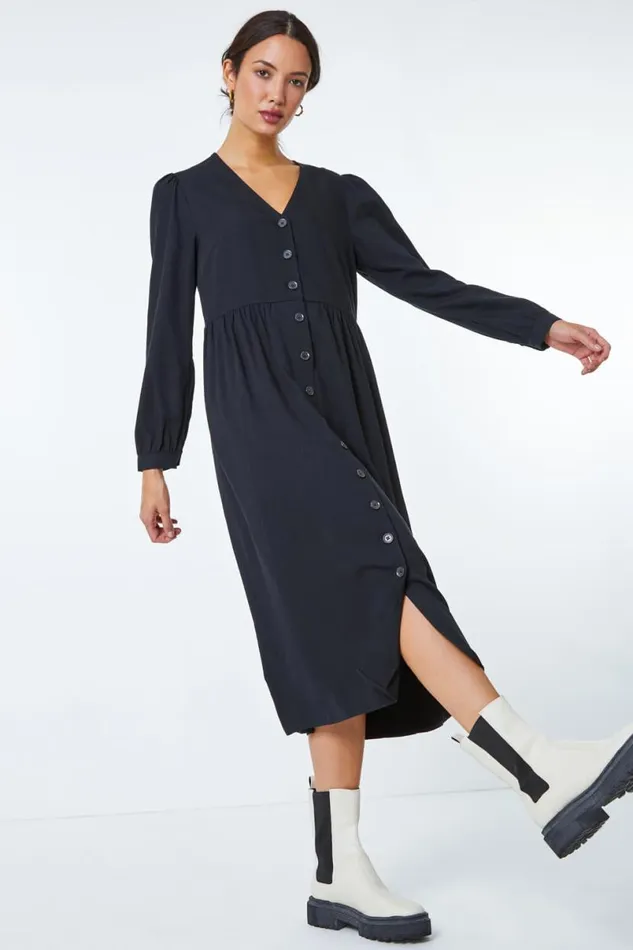 Black Button Through Midi Dress Women Roman Dresses