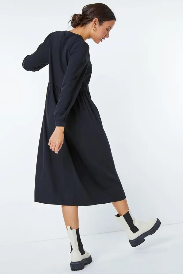 Black Button Through Midi Dress Women Roman Dresses