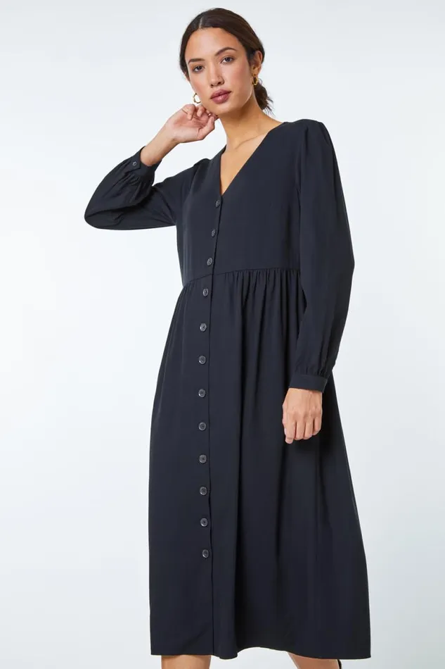 Black Button Through Midi Dress Women Roman Dresses