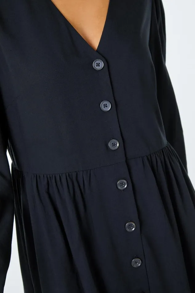Black Button Through Midi Dress Women Roman Dresses