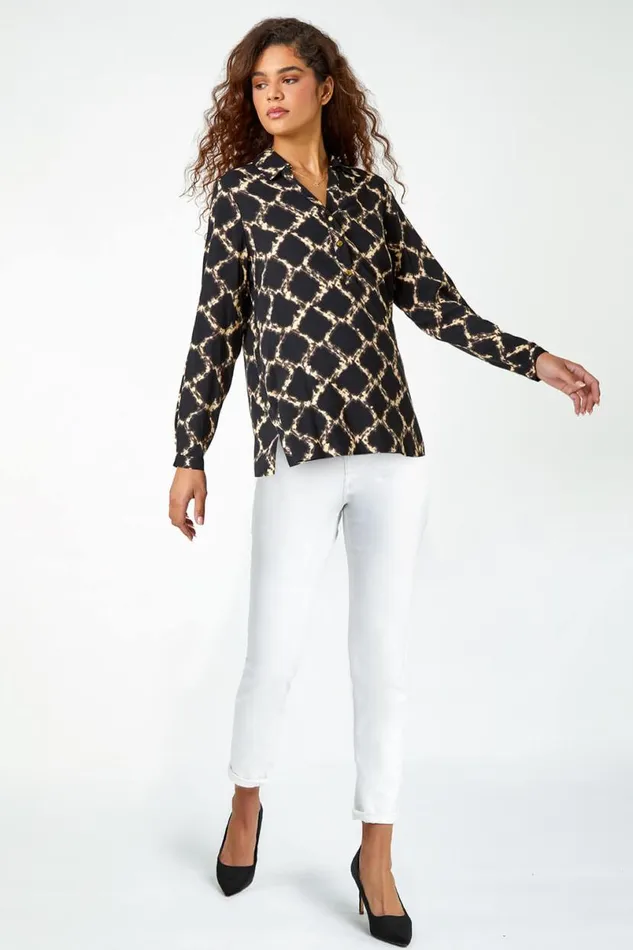 Black Chain Print Collared VNeck Top Women Roman Tops