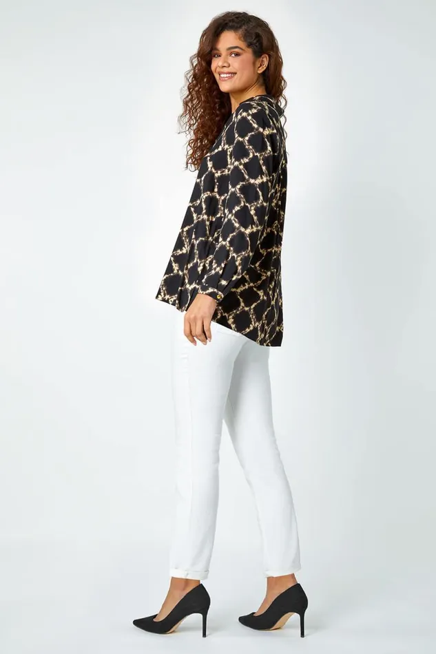 Black Chain Print Collared VNeck Top Women Roman Tops