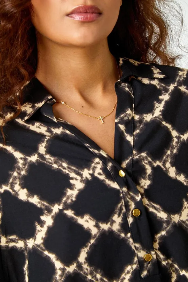 Black Chain Print Collared VNeck Top Women Roman Tops