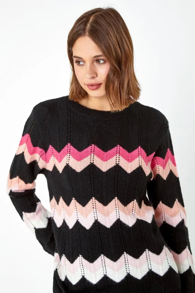 Black Chevron Pointelle Knit Jumper Women Roman Knitwear