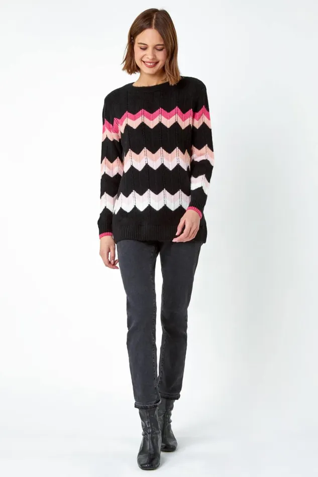 Black Chevron Pointelle Knit Jumper Women Roman Knitwear