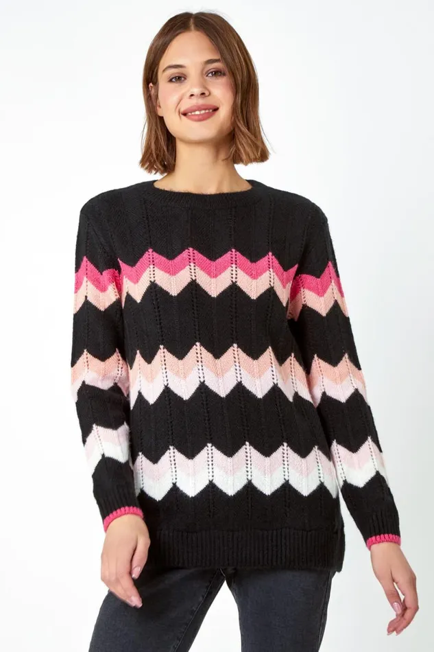 Black Chevron Pointelle Knit Jumper Women Roman Knitwear