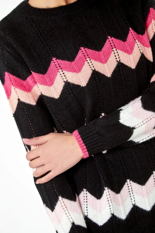 Black Chevron Pointelle Knit Jumper Women Roman Knitwear