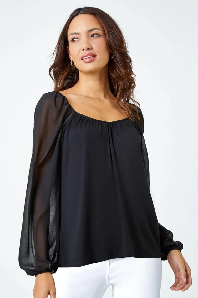 Black Contrast Chiffon Sleeve Top Women Roman Tops