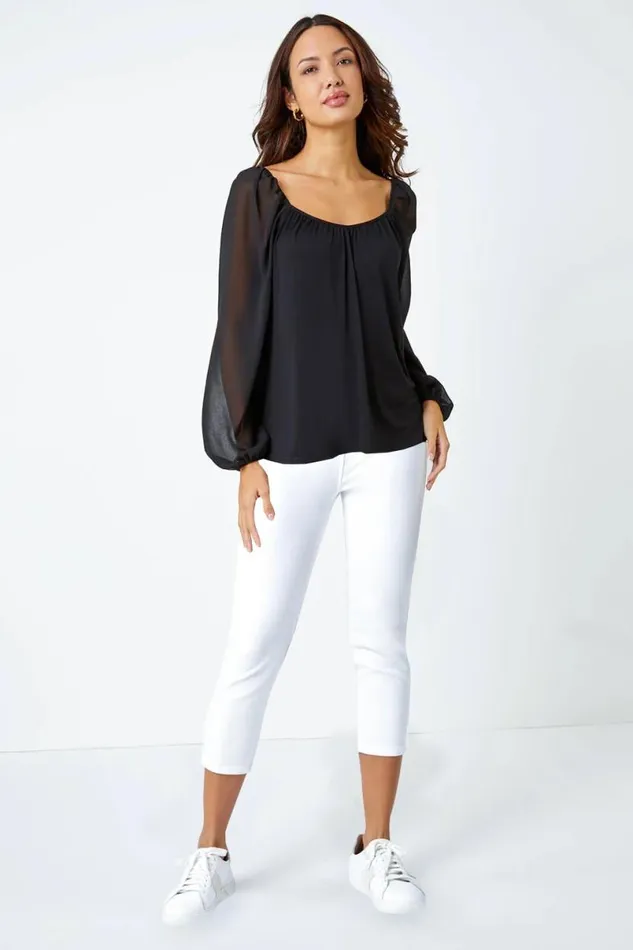 Black Contrast Chiffon Sleeve Top Women Roman Tops