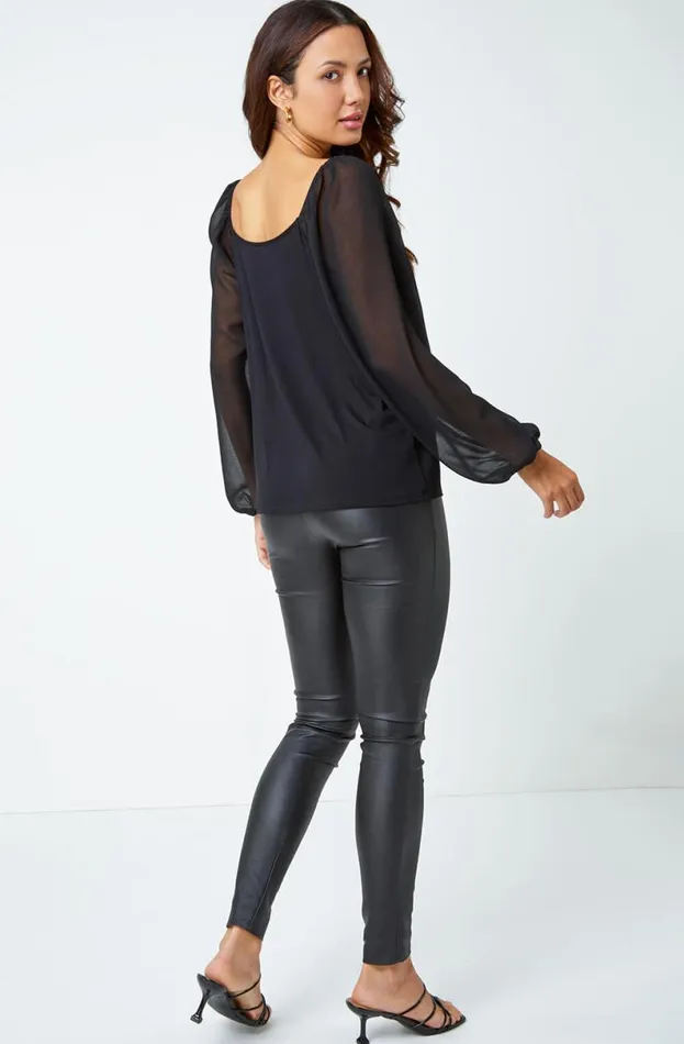 Black Contrast Chiffon Sleeve Top Women Roman Tops