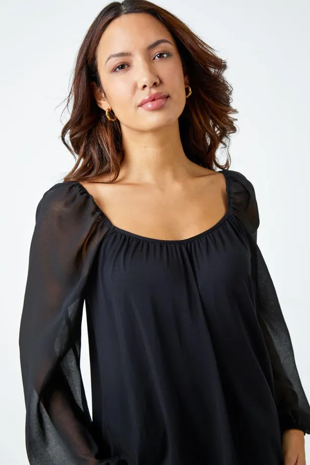 Black Contrast Chiffon Sleeve Top Women Roman Tops