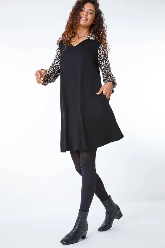 Black Contrast Leopard Print Swing Dress Women Roman Dresses