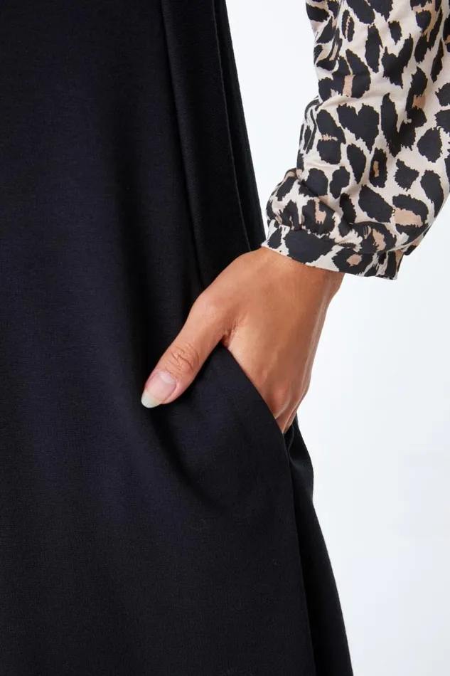 Black Contrast Leopard Print Swing Dress Women Roman Dresses