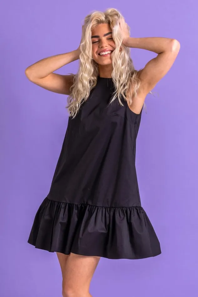 Black Cotton Sateen Tiered Frill Dress Women Roman Dresses