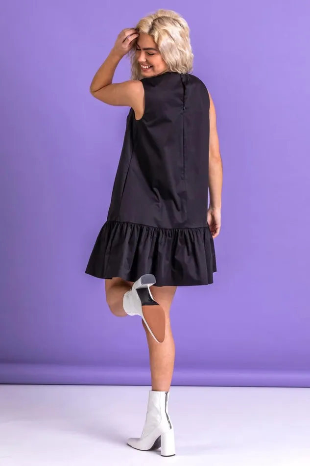 Black Cotton Sateen Tiered Frill Dress Women Roman Dresses
