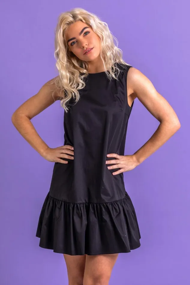 Black Cotton Sateen Tiered Frill Dress Women Roman Dresses
