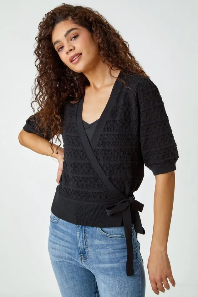 Black Cotton Wrap Tie Detail Cardigan Women Roman Knitwear
